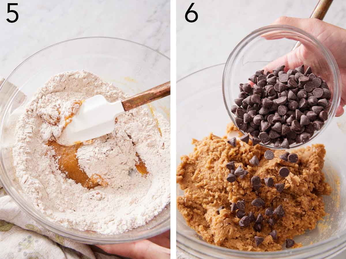 Set of two photos showing batter mixed together and chocolate chips added to the bowl.