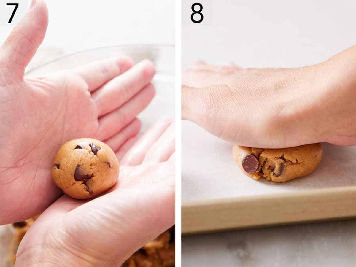 Set of two photos showing dough rolled into a ball and then pressed down on a lined sheet pan.