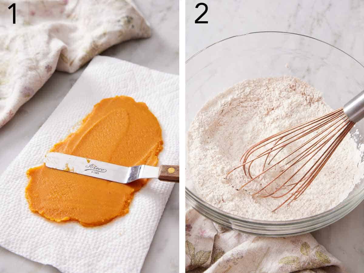 Set of two photos showing pumpkin puree spread on a paper towel and dry ingredients whisked in a bowl.