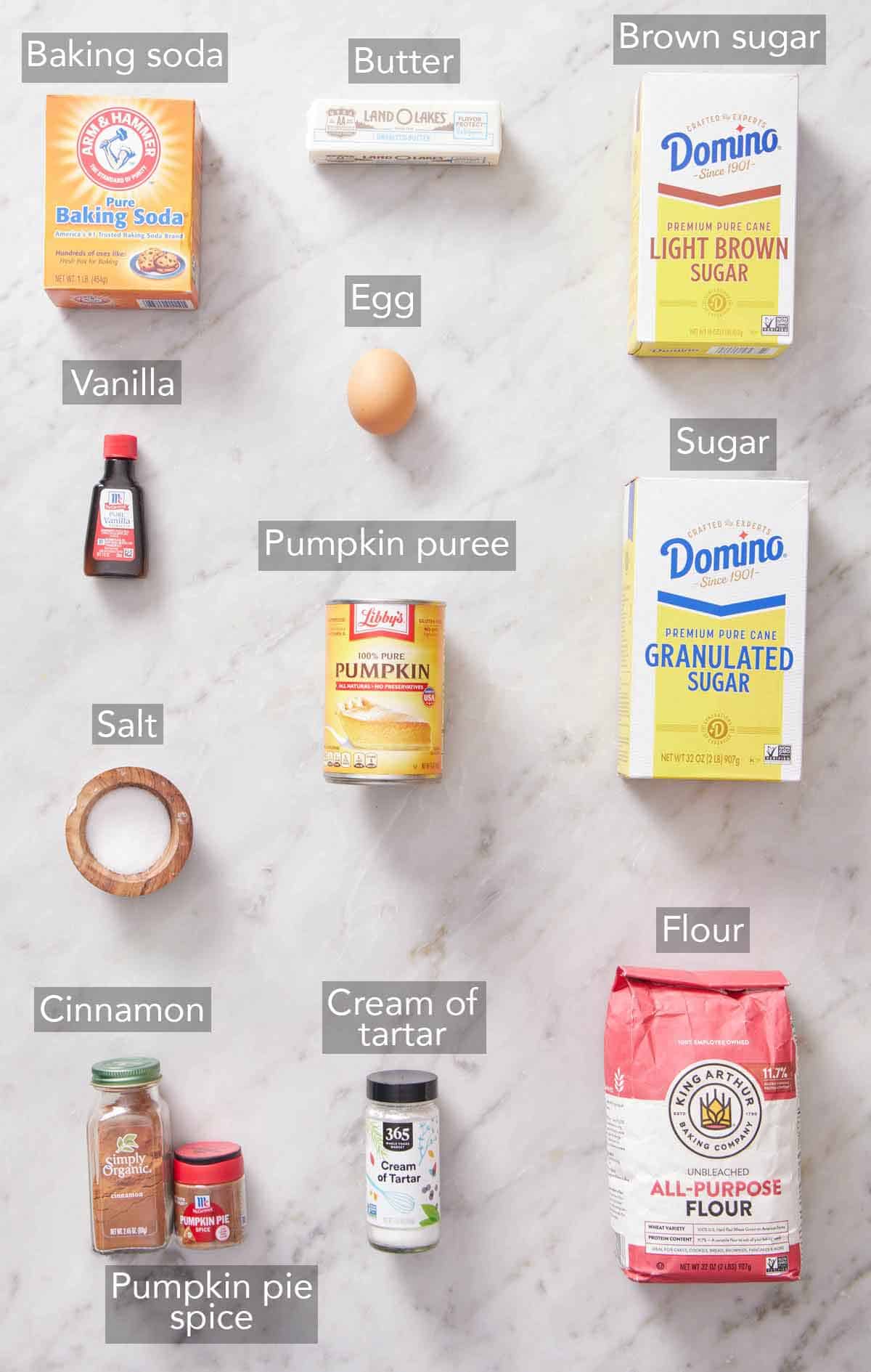 Ingredients needed to make pumpkin snickerdoodles.