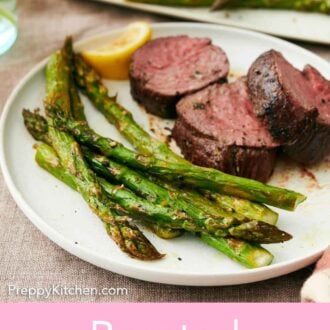 Pinterest graphic of a plate with roasted asparagus, steak, and a lemon wedge.