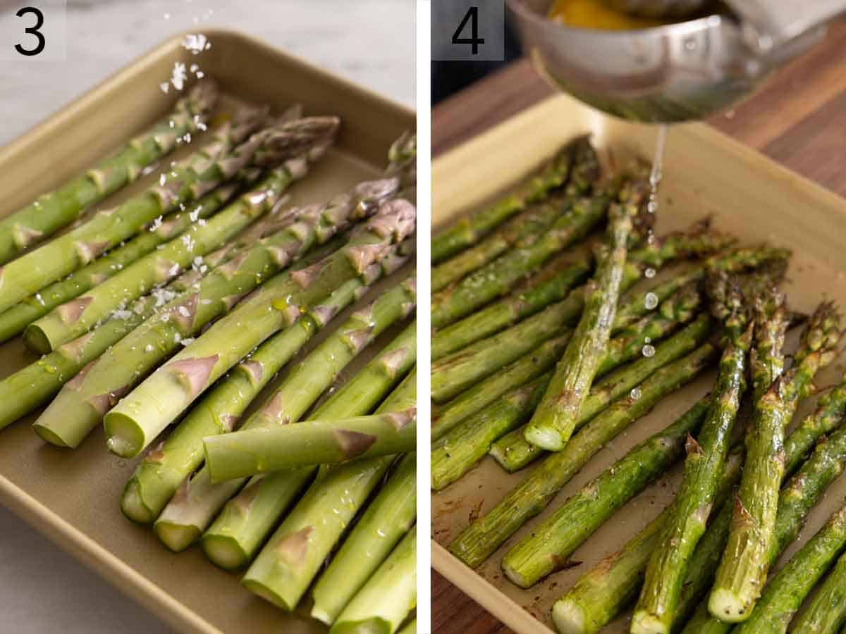 Set of two photos showing salt added to the asparagus and finished off with lemon juice.