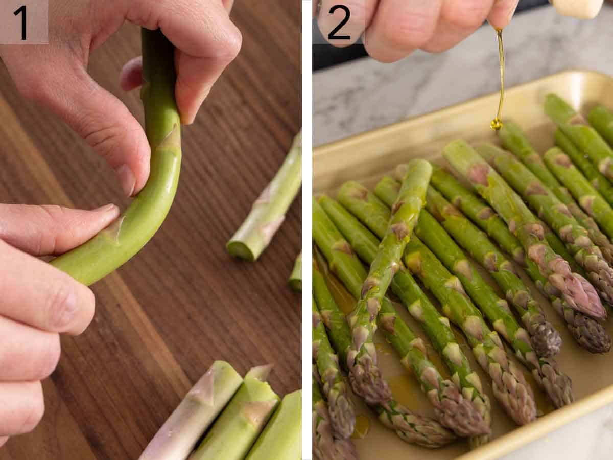 Set of two photos showing the end snapped off an asparagus and oil added to asparagus in a sheet pan.