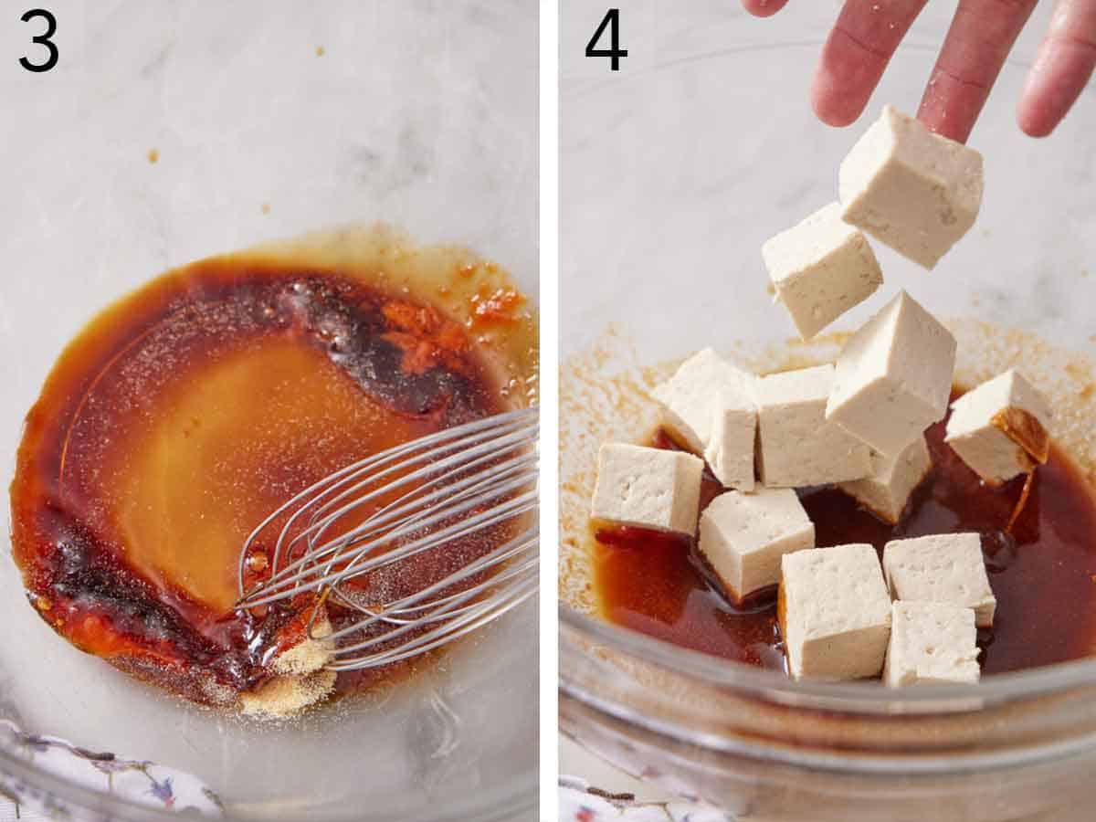 Set of two photos showing sauce mixed together in a bowl and tofu added to it.