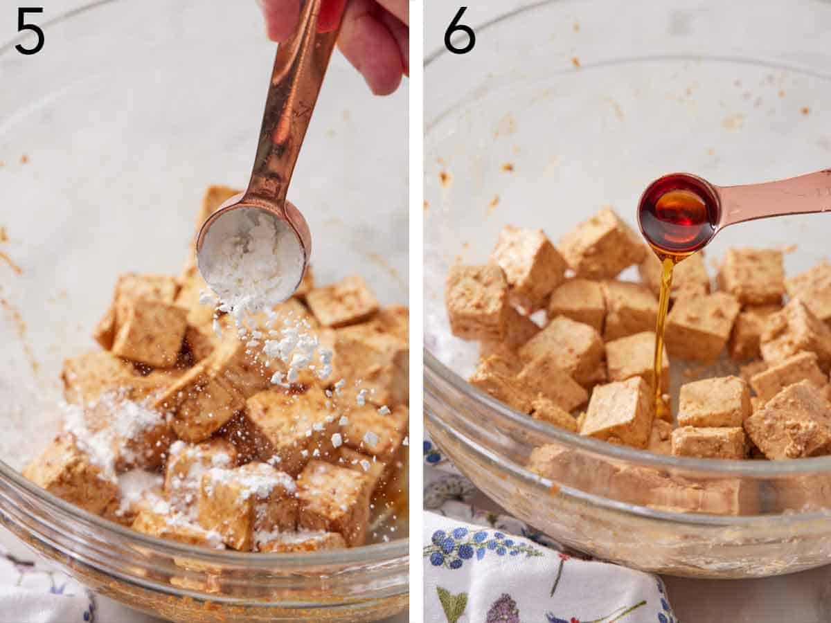 Set of two photos showing cornstarch and sesame oil added to the bowl.