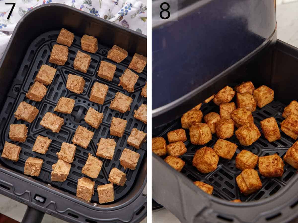 Set of two photos showing tofu cubes added to an air fryer and air fried.