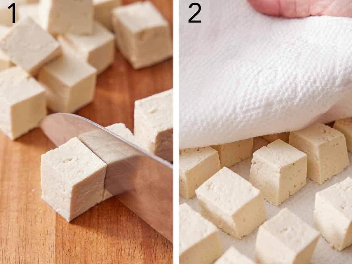 Set of two photos showing tofu cut into cubes and patted dry with a paper towel.