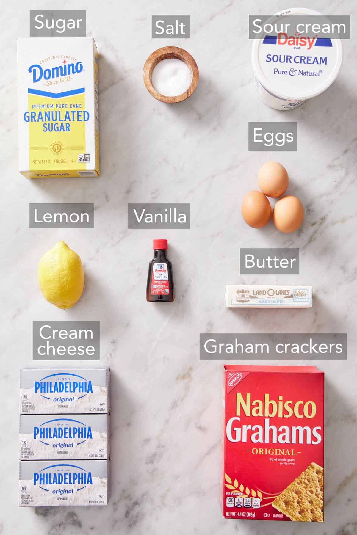 Ingredients needed to make a classic cheesecake.