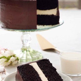 Pinterest graphic of a slice of Ding Dong cake on a plate with a glass of milk and rest of the cake on a cake stand in the back.