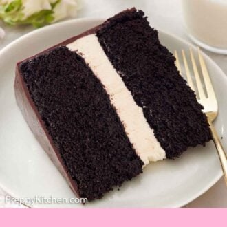 Pinterest graphic of a slice of Ding Dong cake on a plate with a fork on the side.