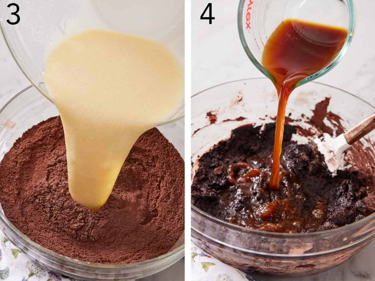 Set of two photos showing wet ingredients poured into the bowl of dry ingredients then coffee added.