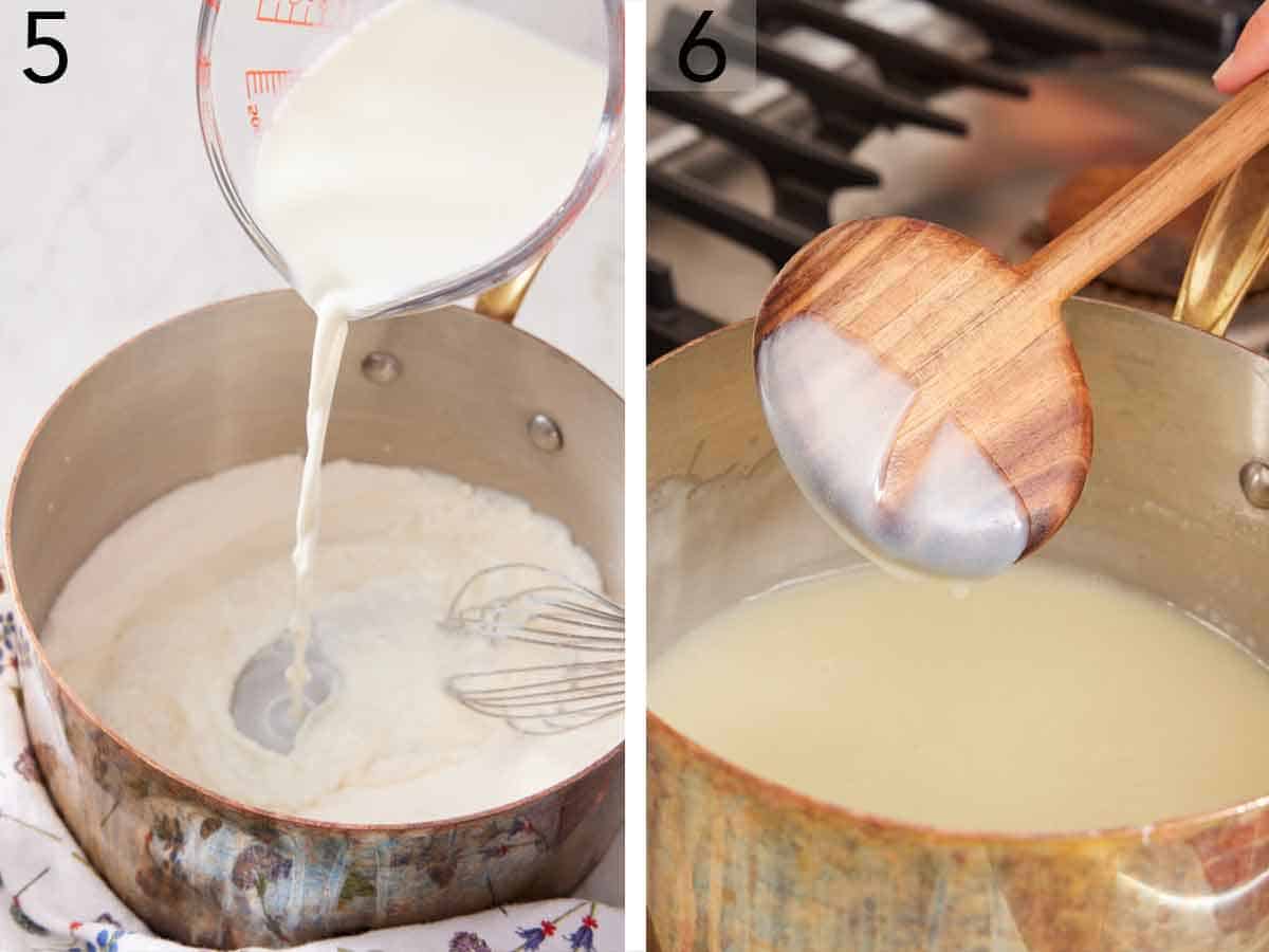 Set of two photos showing milk poured into a pot and mixture simmered.