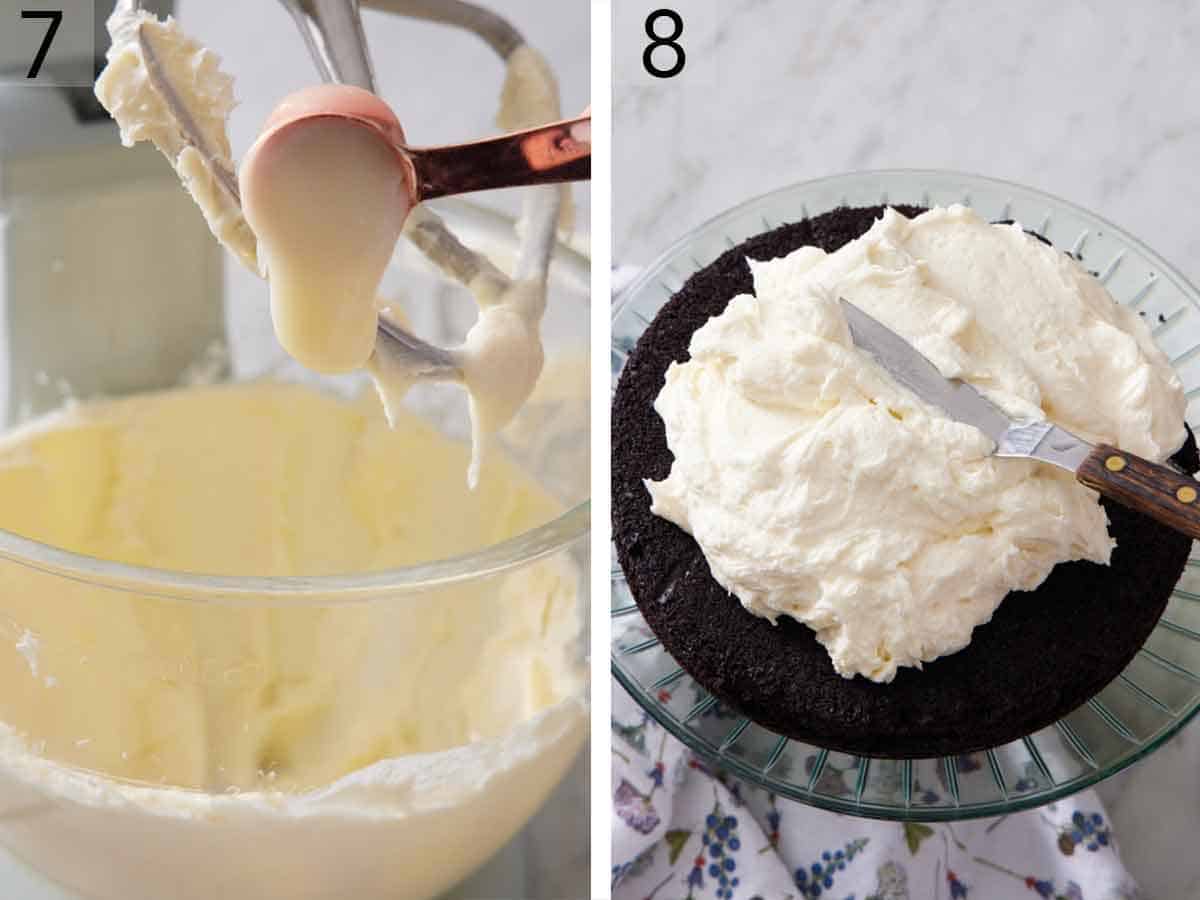 Set of two photos showing the milk mixture added to a mixer and filling spread over the baked cake.