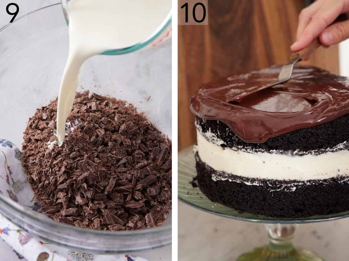 Set of two photos showing heavy cream added to the chocolate to be melted then spread over the cake.