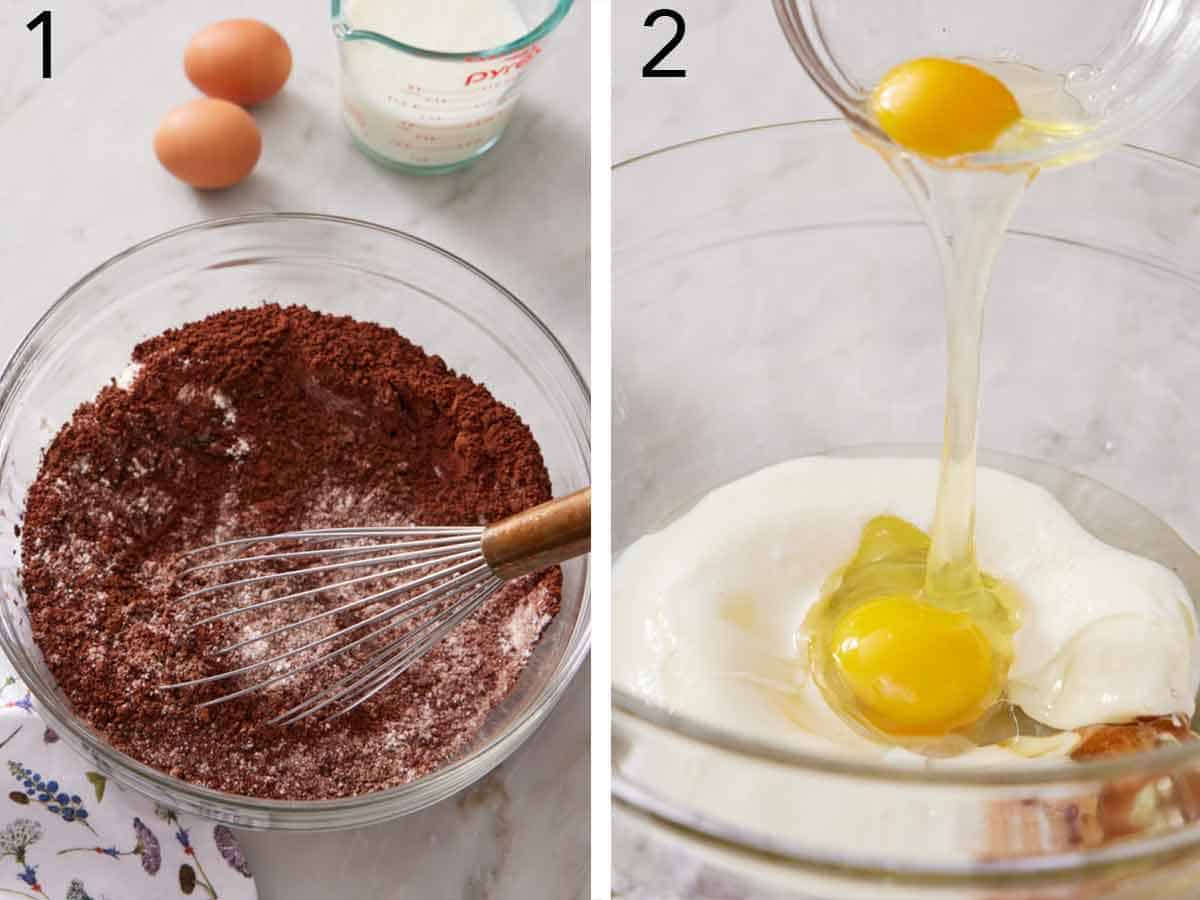 Set of two photos showing dry ingredients whisked together in a bowl and eggs added to another bowl.