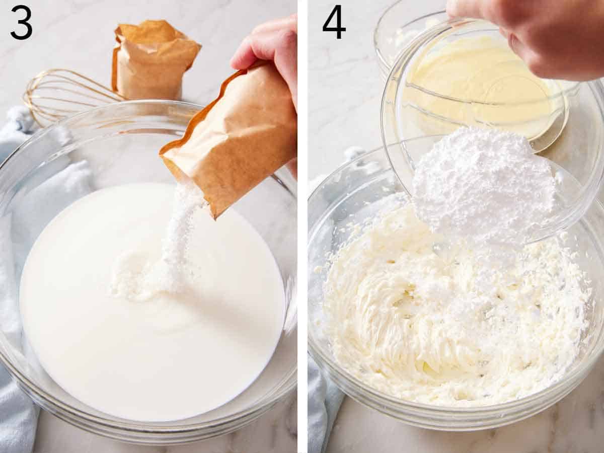 Set of two photos showing instant vanilla pudding mix poured into milk and powdered sugar added to a bowl of beaten cream cheese.