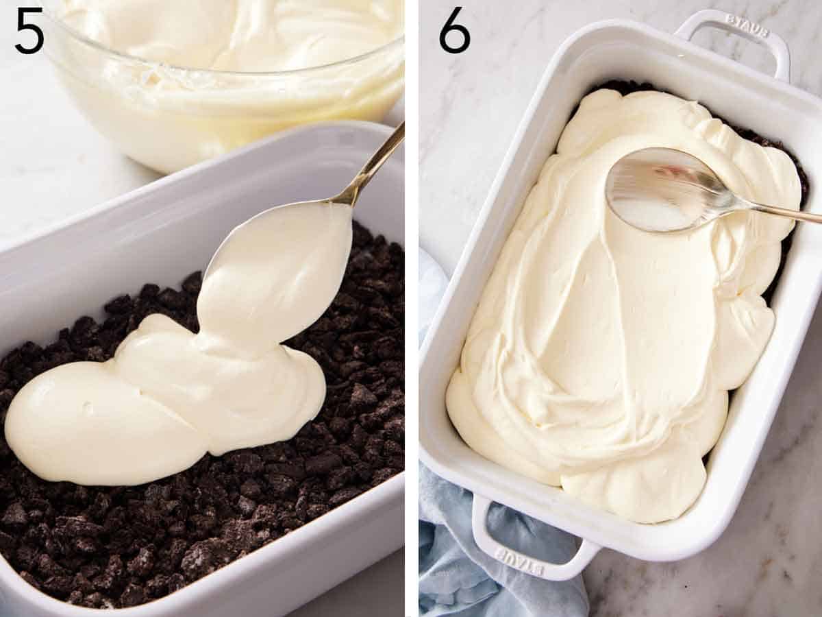 Set of two photos showing the vanilla mixture spooned over the crushed oreos and spread over top.