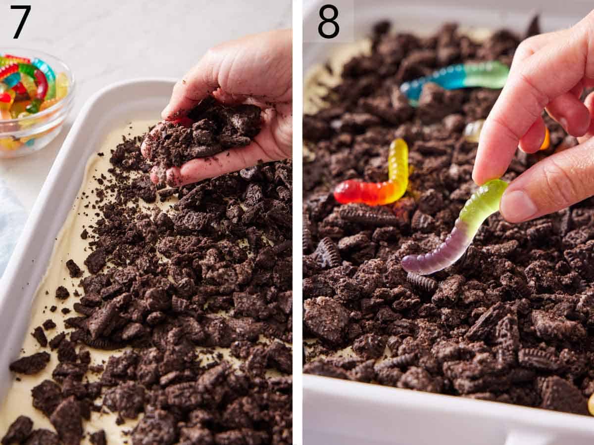 Set of two photos showing more crushed oreos added to the top of the vanilla mixture and gummy bears added on top.