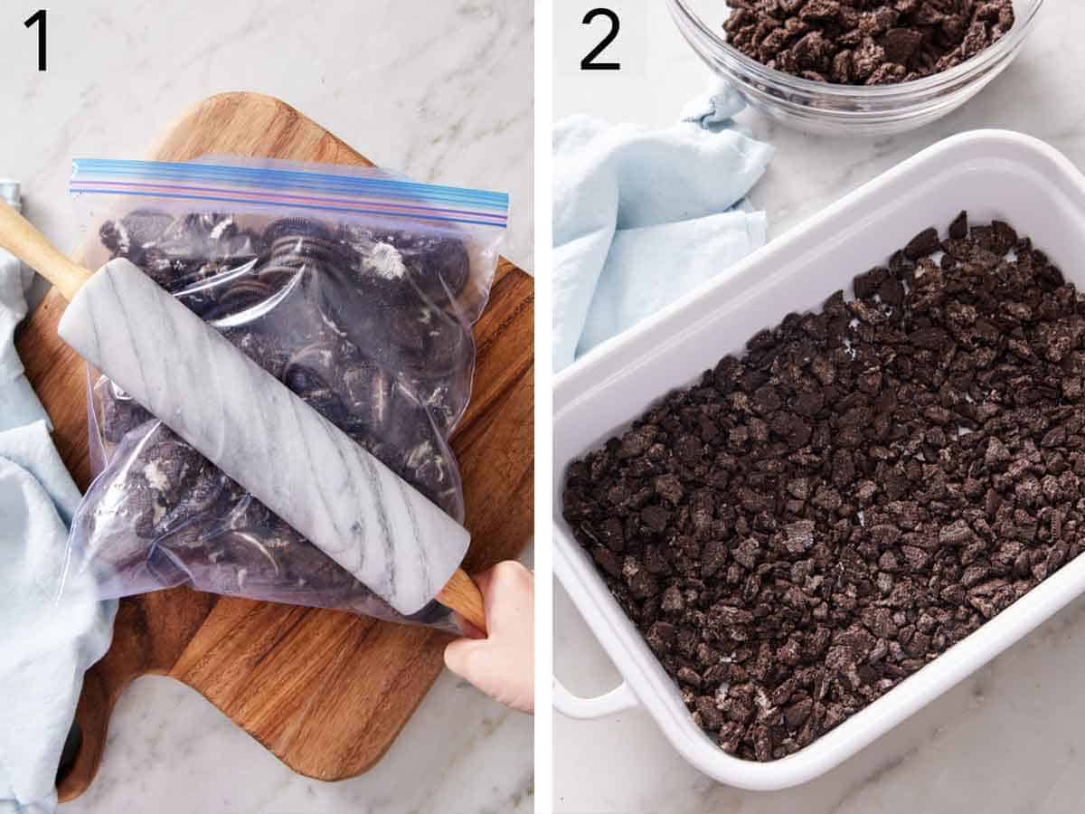 Set of two photos showing oreos crushed in a bag with a roller and spread over the bottom of a baking dish.