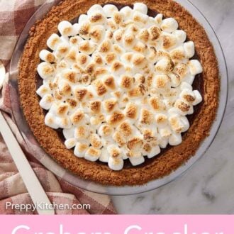 Pinterest graphic of a chocolate pie with toasted marshmallows in a graham cracker crust.