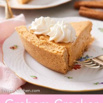 Pinterest graphic of a slice of cheesecake with a graham cracker crust and two dollops of whipped cream on top on a plate.