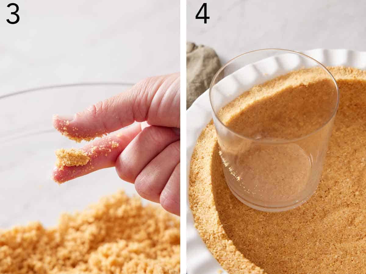 Set of two photos showing the texture of the crumbs between two fingers and then the mixture pressed into a baking dish.