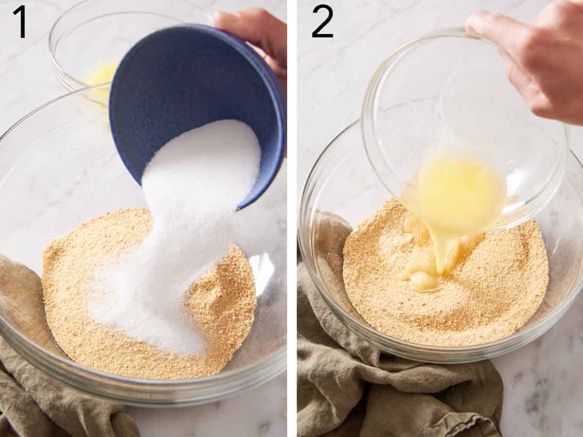 Set of two photos showing sugar and melted butter added to a bowl of graham cracker crumbs.