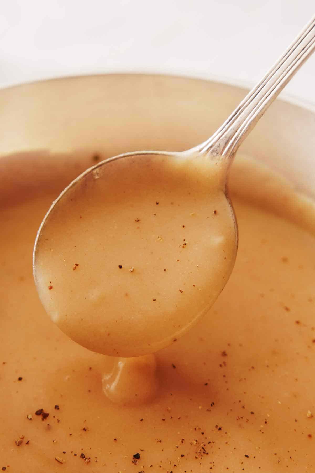 A spoonful of gravy lifted from a bowl with speckles of pepper.