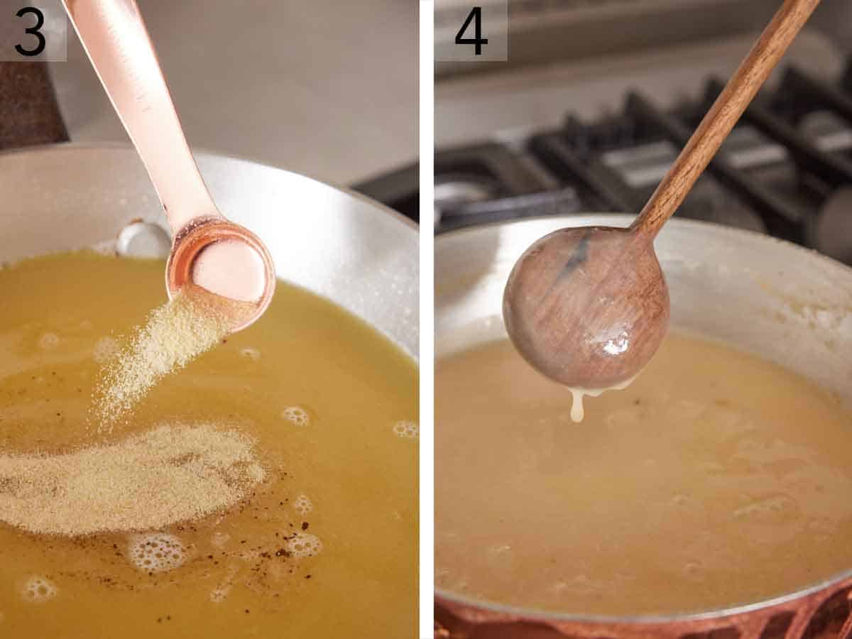 Set of two photos showing garlic powder added to the pot and a spoon coated in gravy lifted from the pot.