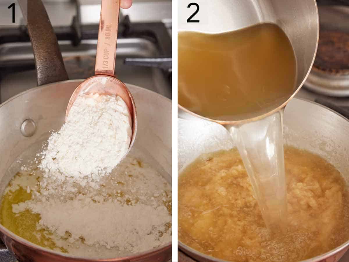 Set of two photos showing flour added to melted butter and broth poured on top.