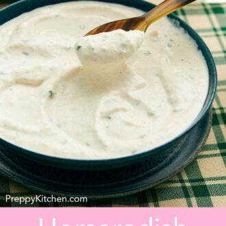 Pinterest graphic of a spoonful of horseradish sauce lifted from a bowl.