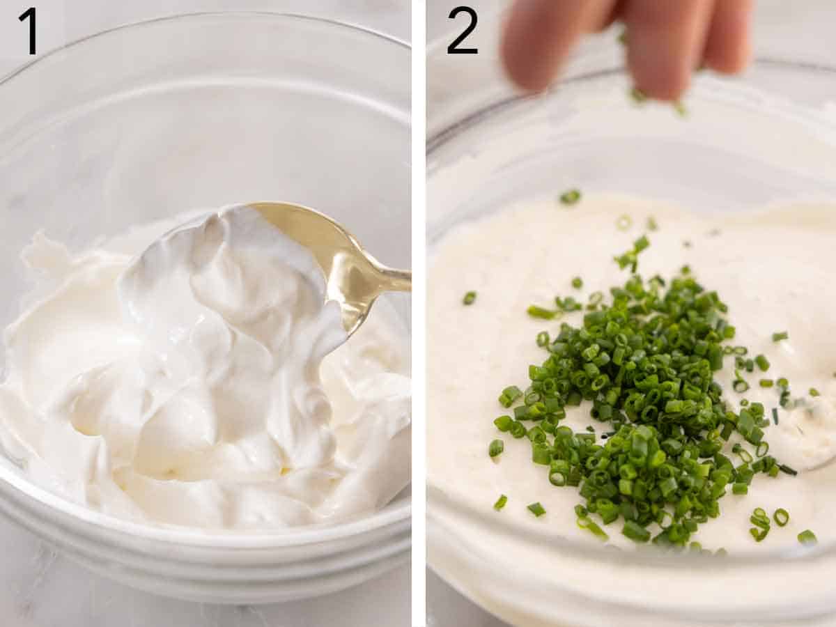 Set of two photos showing sour cream and mayonnaise added to a bowl the chopped chives added on top.