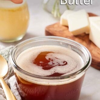 Pinterest graphic of a jar of browned butter with a spoon beside it and a stick of cut butter in the background.