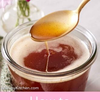 Pinterest graphic of a spoon lifting out of a jar of brown butter.