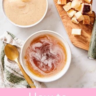 Pinterest graphic of an overhead view of a bowl of brown butter and a bowl of whipped butter.