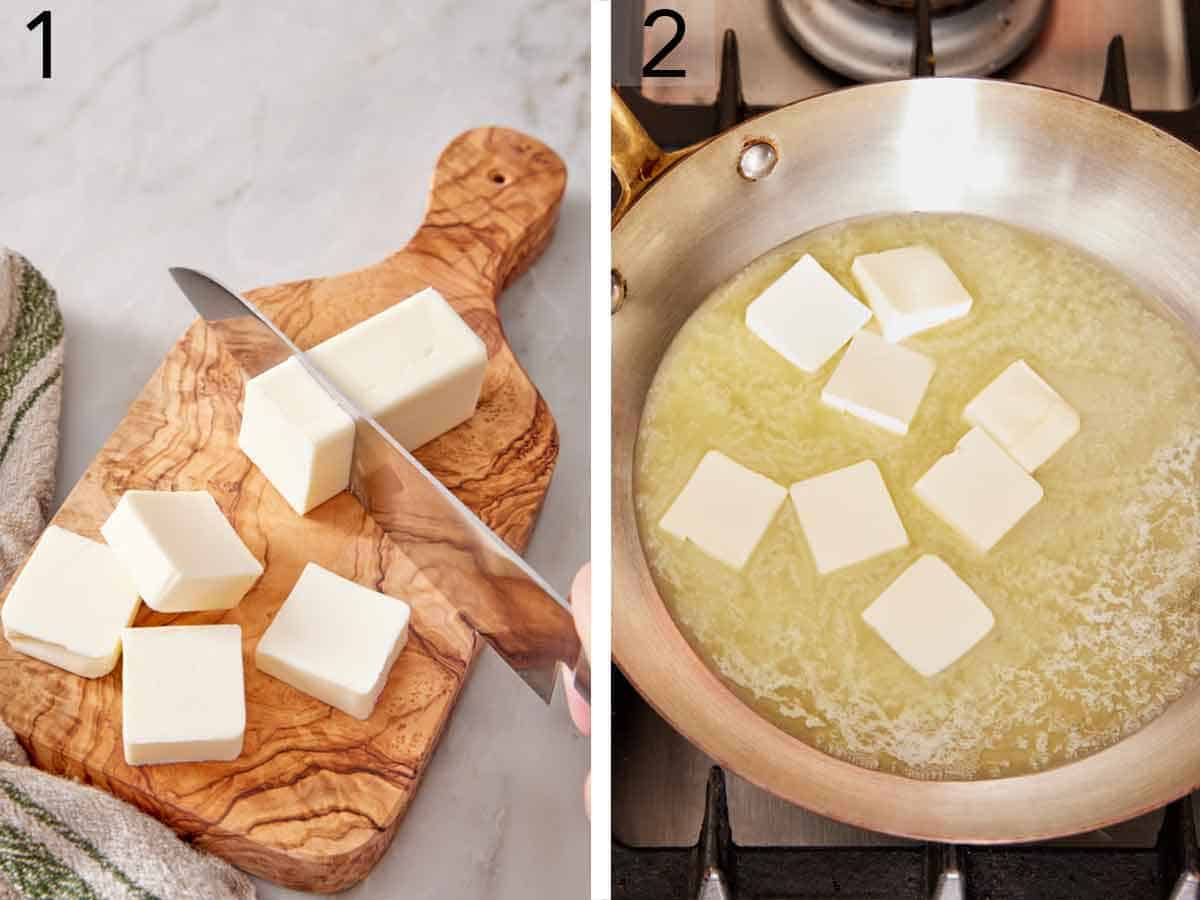 Set of two photos showing a stick of butter cut and melted in a skillet.