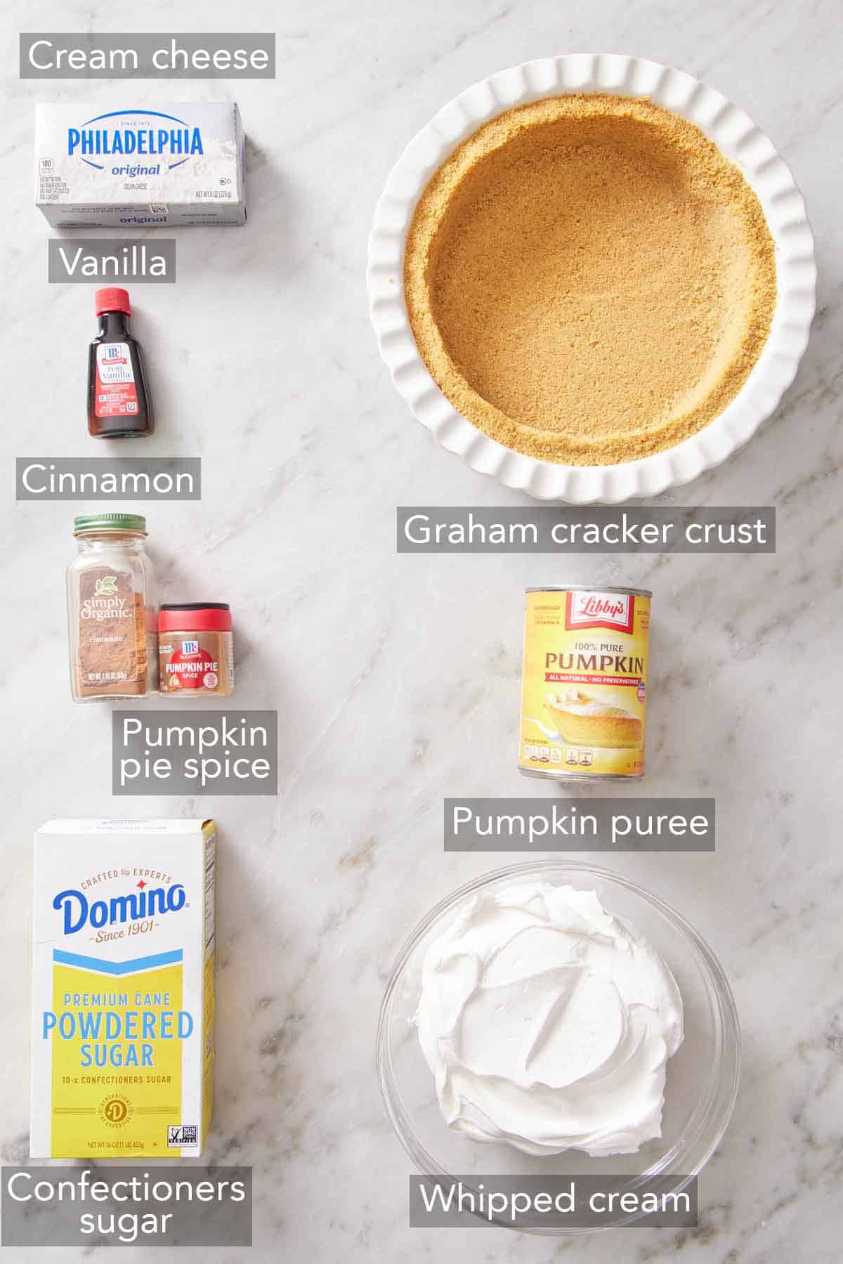 Ingredients needed to make no-bake pumpkin cheesecake.