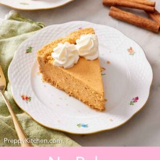 Pinterest graphic of a plate with sliced no-bake pumpkin cheesecake topped with two dollops of whipped cream.