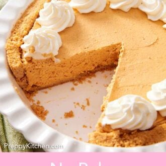 Pinterest graphic of a pie dish containing a no-bake pumpkin cheesecake with a slice cut out.