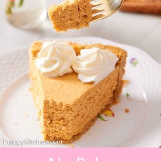 Pinterest graphic of a fork lifting up a bite from a slice of no-bake pumpkin cheesecake.