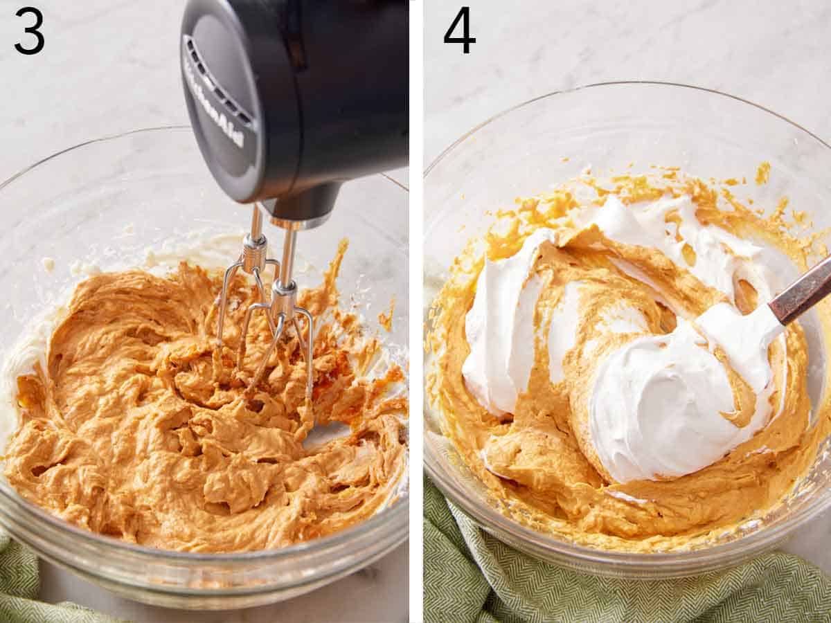 Set of two photos showing batter whisked and whipped cream folded in.