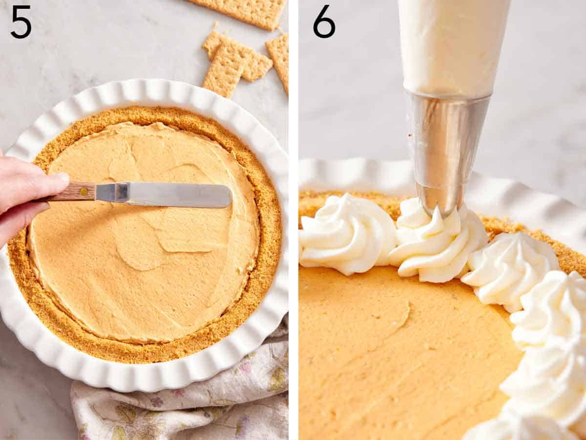 Set of two photos showing mixture spread into a graham cracker crust and then topped with dollops of whipped cream.