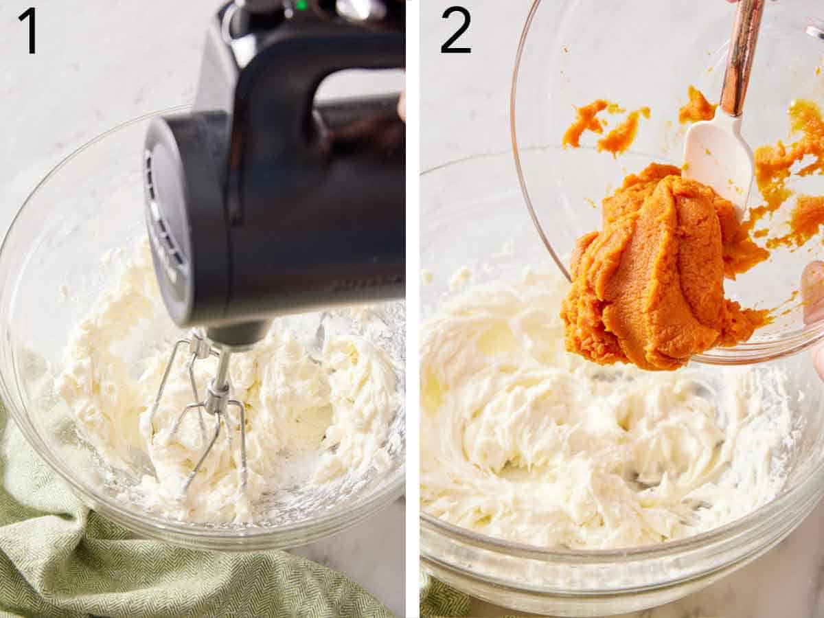 Set of two photos showing cream cheese whipped and pumpkin puree added.