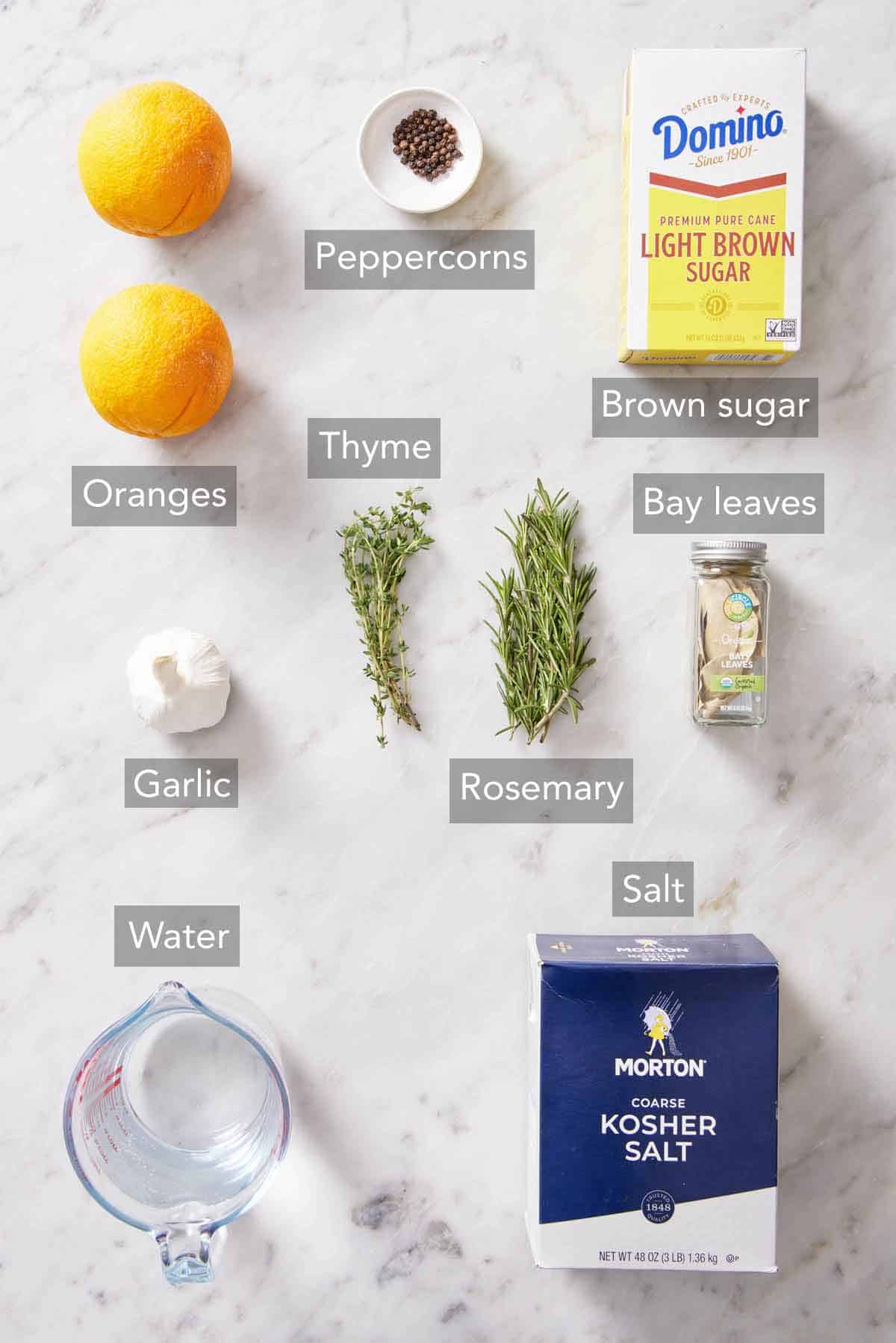 Ingredients needed to make a turkey brine.