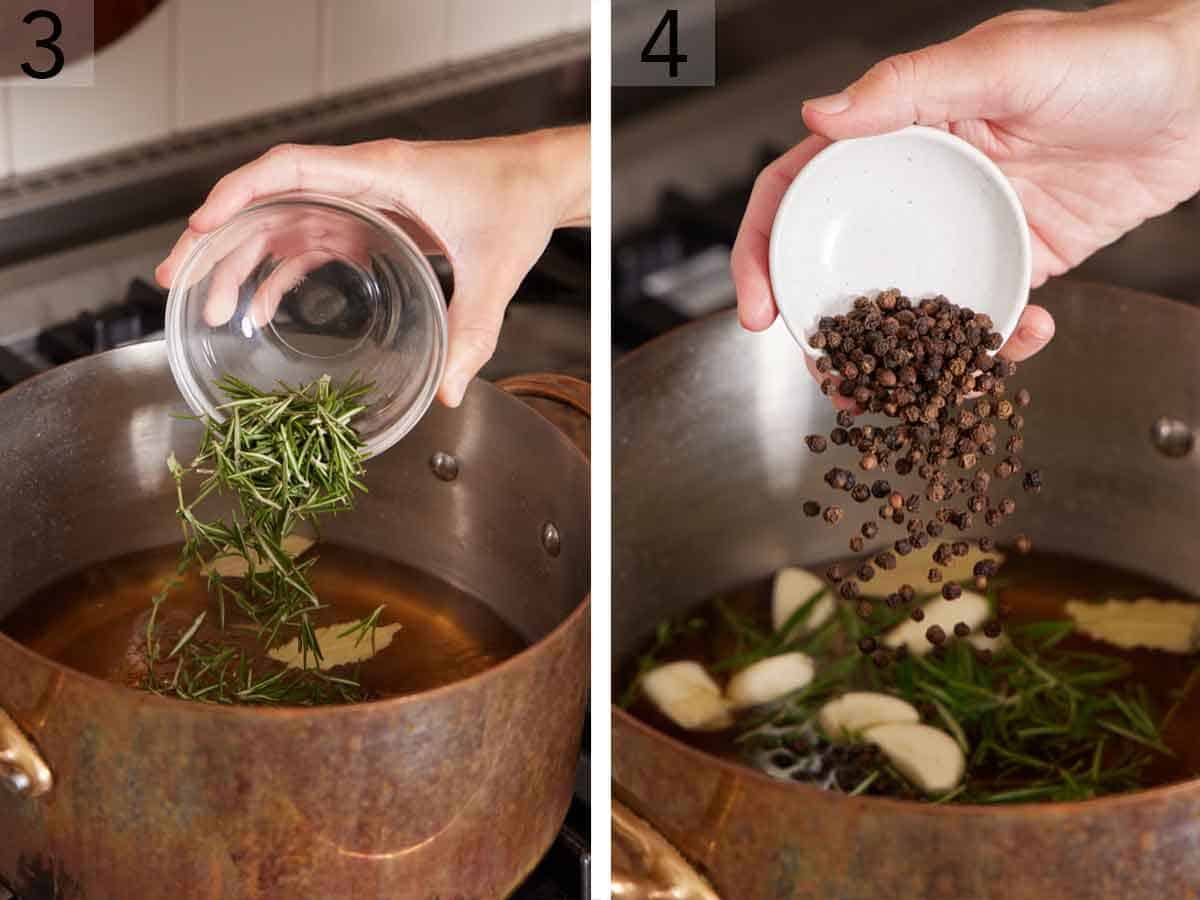 Set of two photos showing herbs and peppercorn added to a pot.