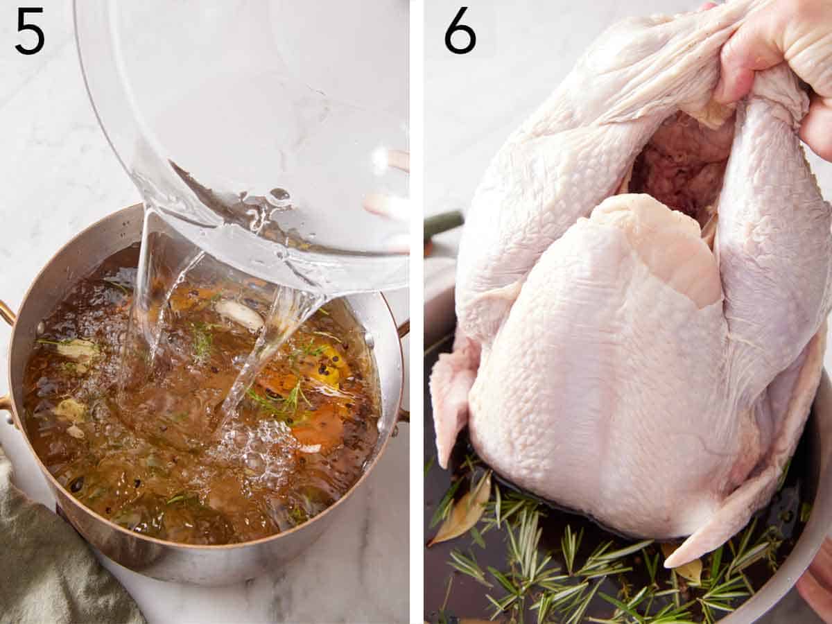 Set of two photos showing water and a raw turkey added to the pot of turkey brine.