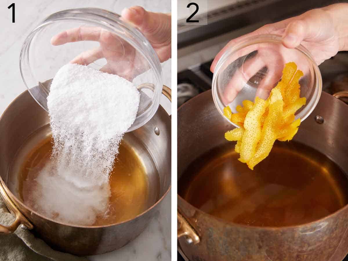 Set of two photos showing salt and orange zest added to a pot of water.