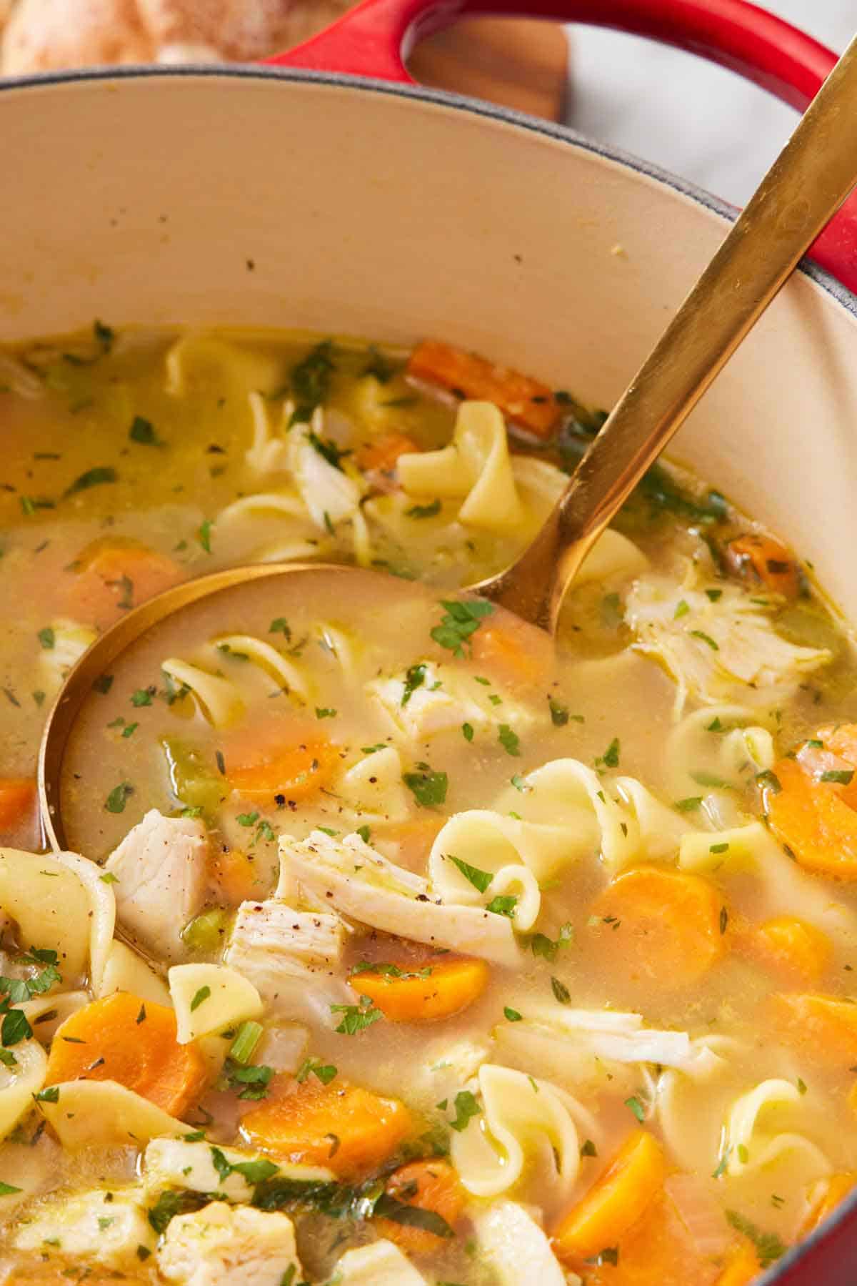 A close up view of a ladle inside of a pot of turkey noodle soup topped with chopped parsley garnish.