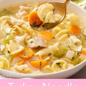 Pinterest graphic of a spoonful of turkey noodle soup lifted from a bowl.