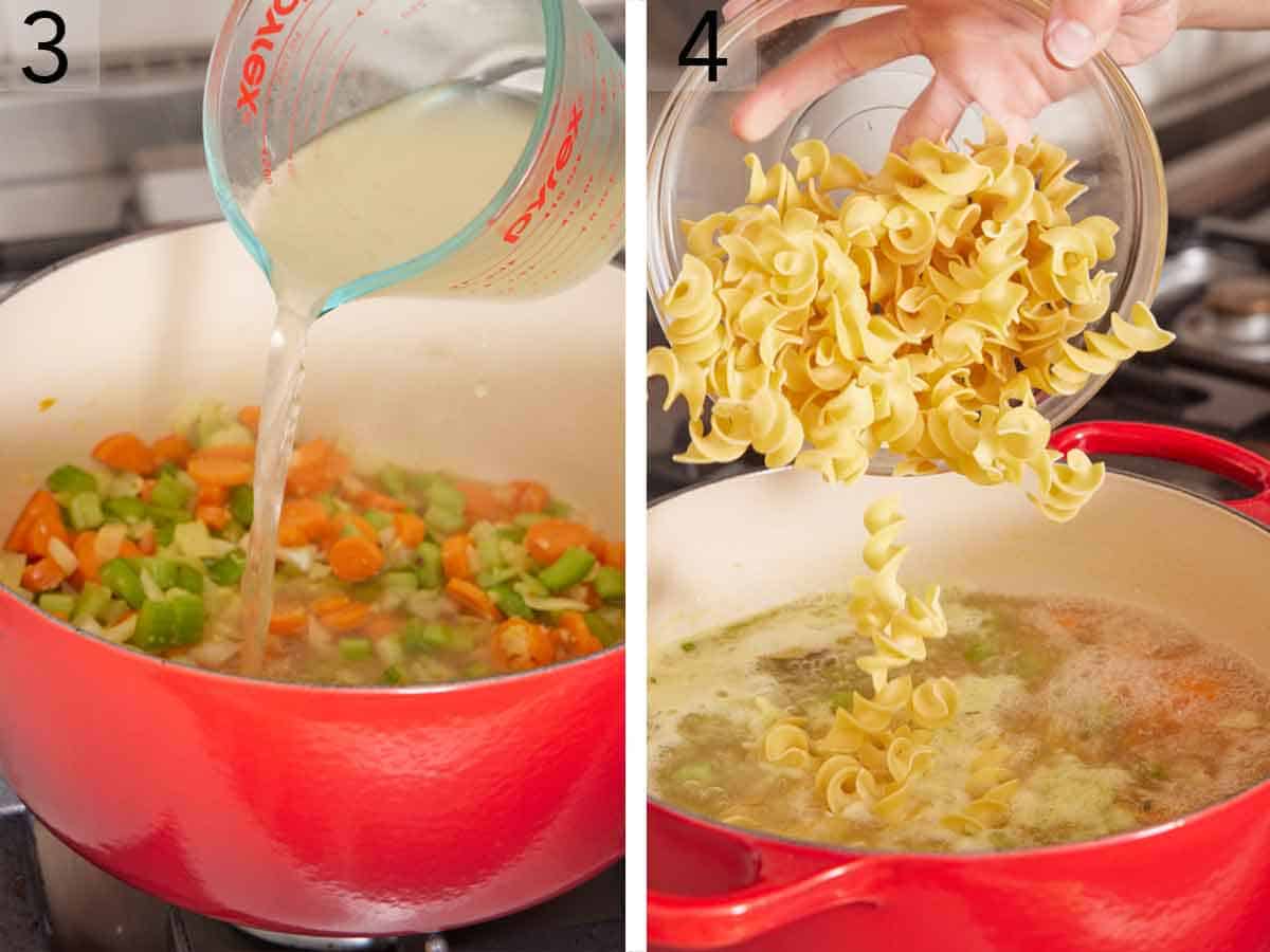 Set of two photo showing broth and egg noodles added to the pot.